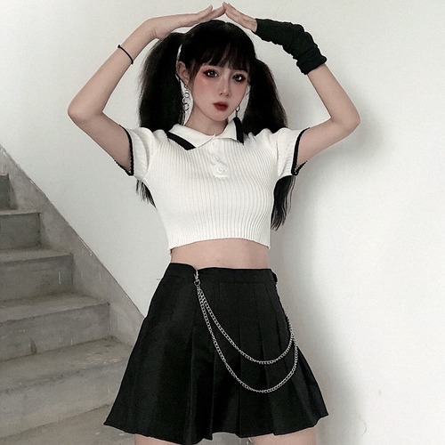 ✞ Tシャツ スリムカラー半袖スリーブ♥カワイイ♥セーター ショート ✞ゴスロリ SM ミリ 甘ロリ クラロリ 和ロリ エレガント 黒ロリ 姫ロリ 華ロリ BB-BB1851758