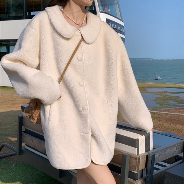 【予約販売】ボアコート レディース アウター ホワイト 丸襟 もこもこ ショート丈 こなれ感 大人可愛い ゴージャス エレガント おしゃれ 韓国 トレンド S/M