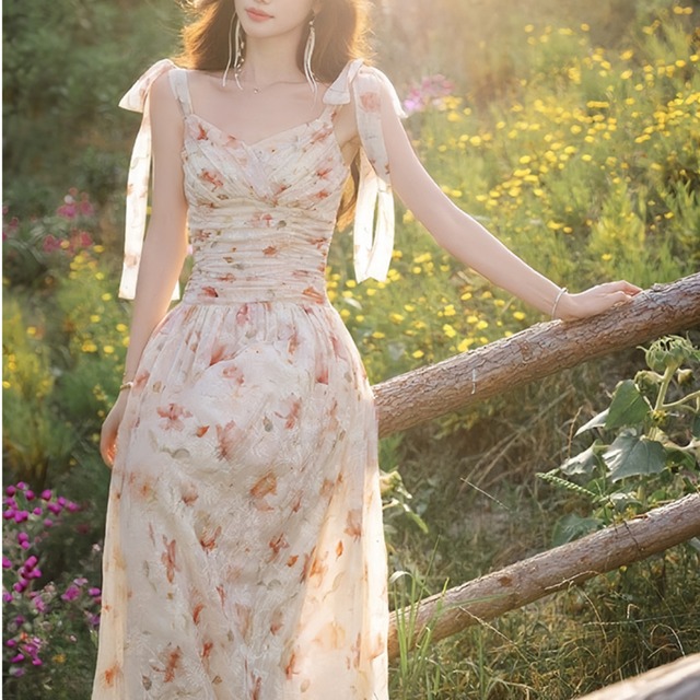 【ワンカラー】 シャーリングフローラルロングワンピース b1222