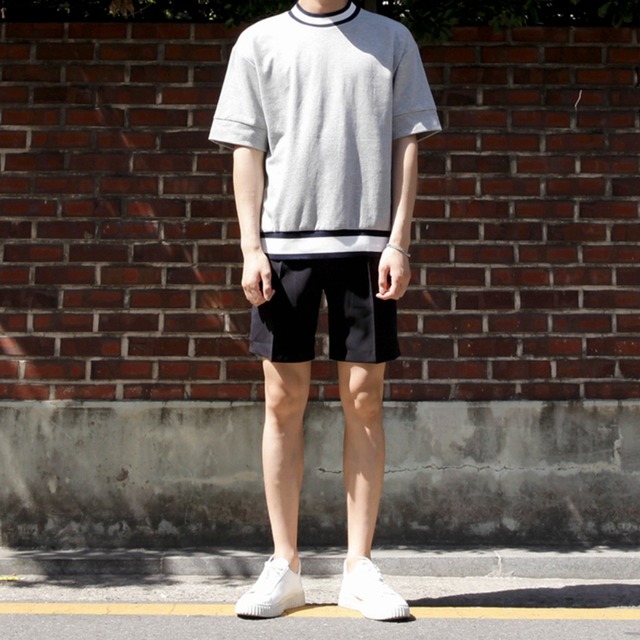 配色ライン 半袖 Tシャツ ネイビー グレー  トップス  メンズファッション 韓国ファッション