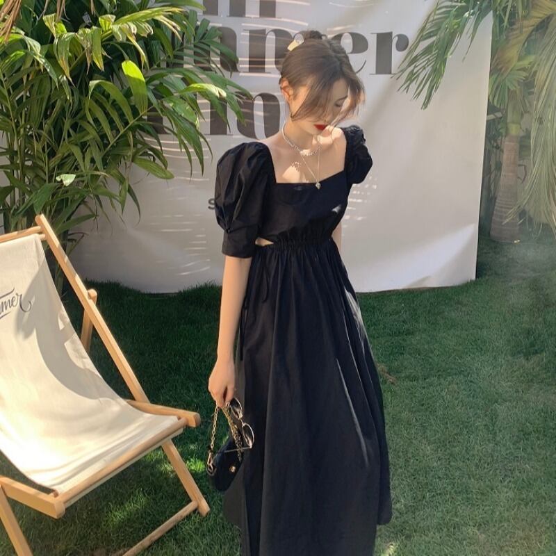 ドレス スタイルスタンダードブラックカラースカート サマー レトロ 夏物 スクウェア ブラックストロベリース10962455983