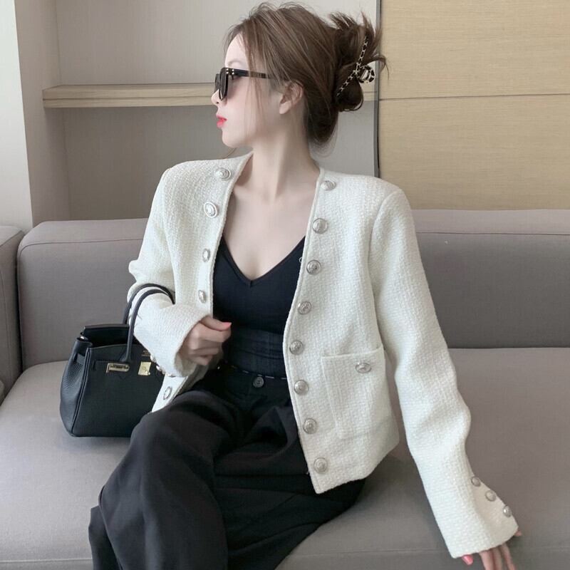 スタンダードツィードショートホワイトコート オータムダブルブレストトップス ロング レトロ 秋物 ガールズファッション71045047649