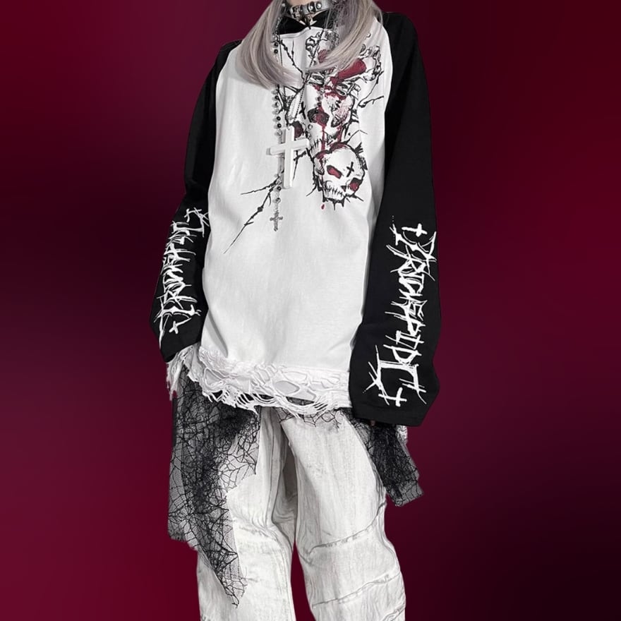 サブカル 服 地雷系 通販 服 パンクファッション Dead Body フード付き 長袖シャツ スカル柄 ダークゴシック 闇かわいい