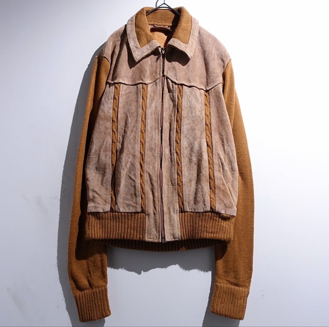 90s Brown Suede Leather Switching Design Knit Jacket