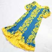 【美品 フラダンス衣装】ブルー FANCY DRESS ファンシードレス ワンピース ドレス ハイビスカス 青 黄 フリル 鮮やか イエロー