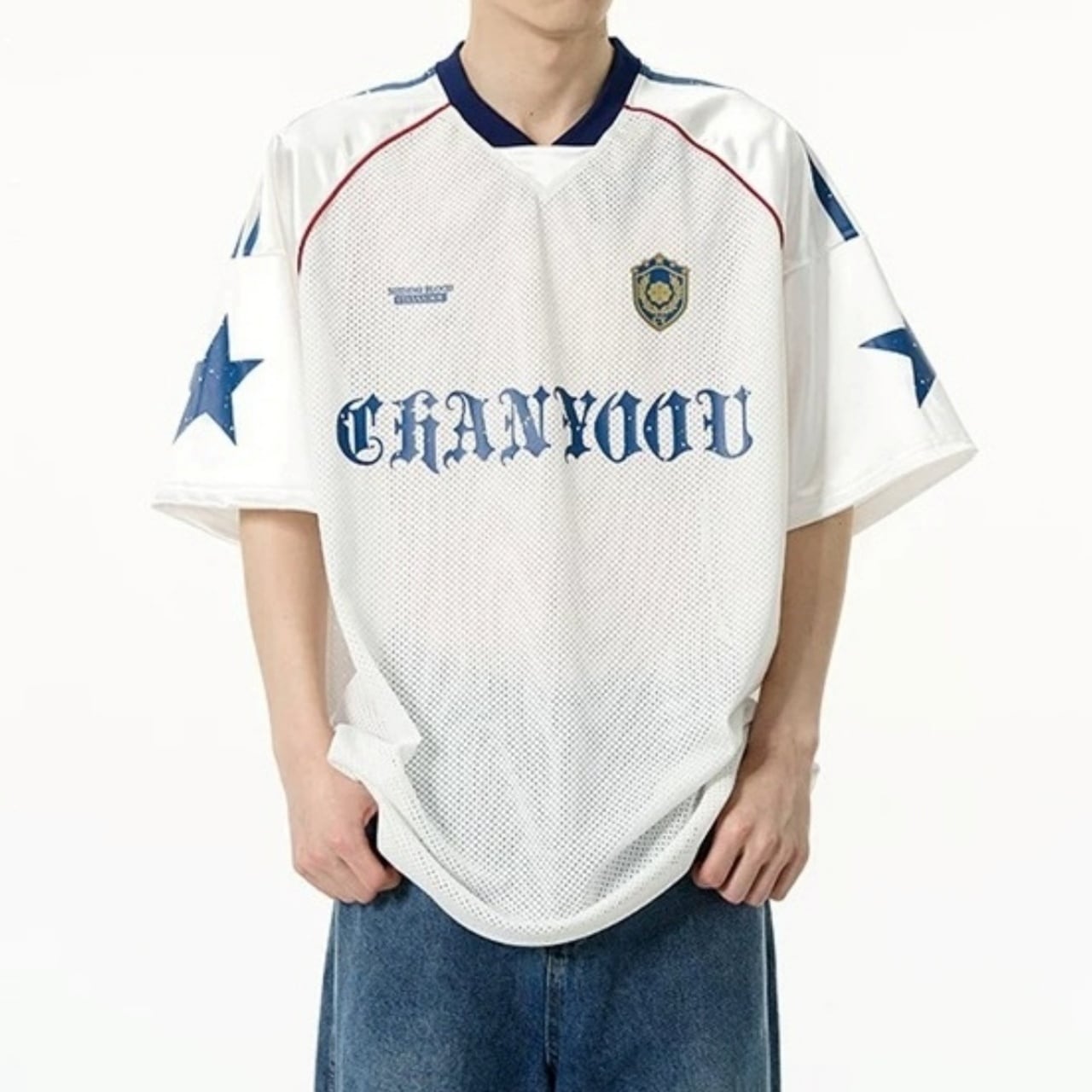VネックスタープリントメッシュオーバーTシャツ 2col A00125