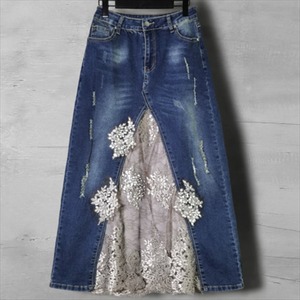 【送料無料】 デニムスカート  レース  花柄  カジュアル系  大人可愛い   大きめ  プラスサイズ  レディースファッション  可愛い  韓国  20代・30代  冬  お出かけ・女子会  Aライン・フレア  こなれ感  ハイウェスト  ブルー