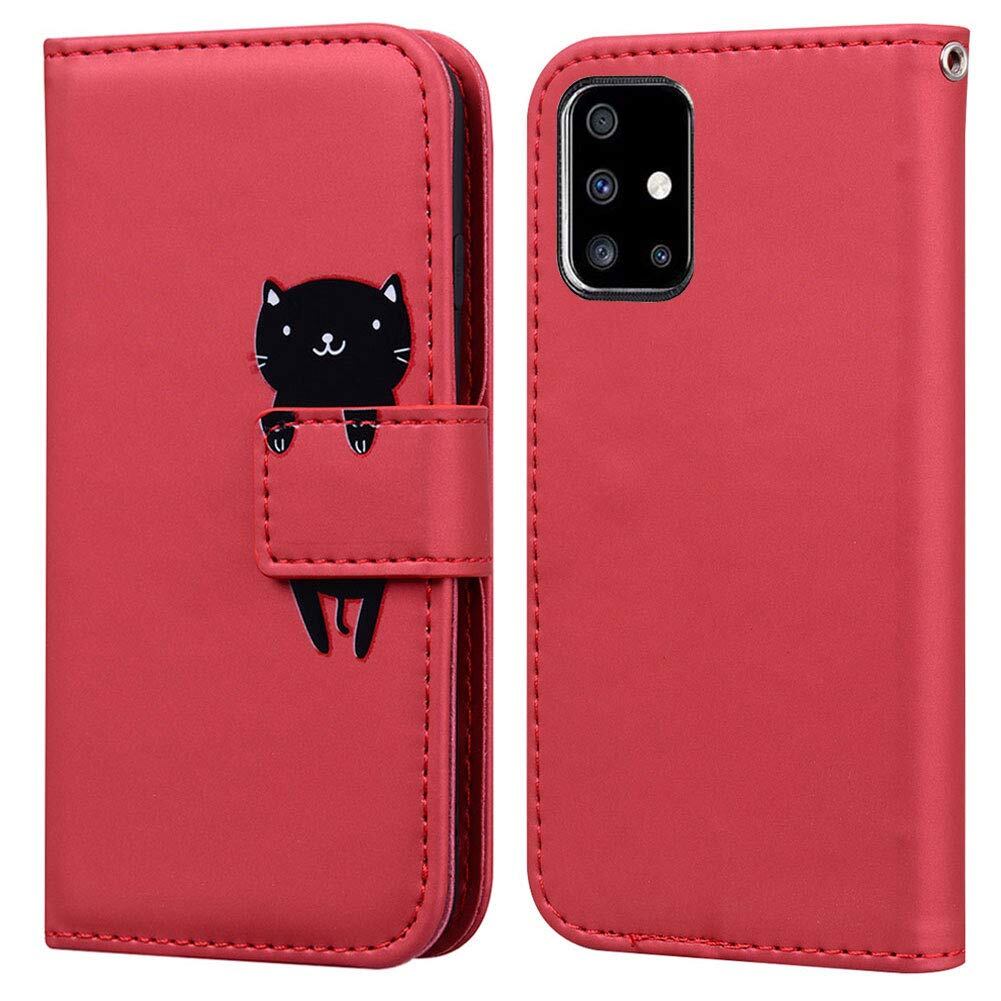 Ailisi 対応 Samsung Galaxy A51 5G ケース 手帳型 サムスン ギャラクシーA51 5G SC-54A docomo/SCG07 au カバー 女性 人気PUレザー財布型 可愛いカバー 緑のカエル かわいい 動物 耐衝撃保護ケース スタンド機能 カード収納 スマホケース (赤/猫)