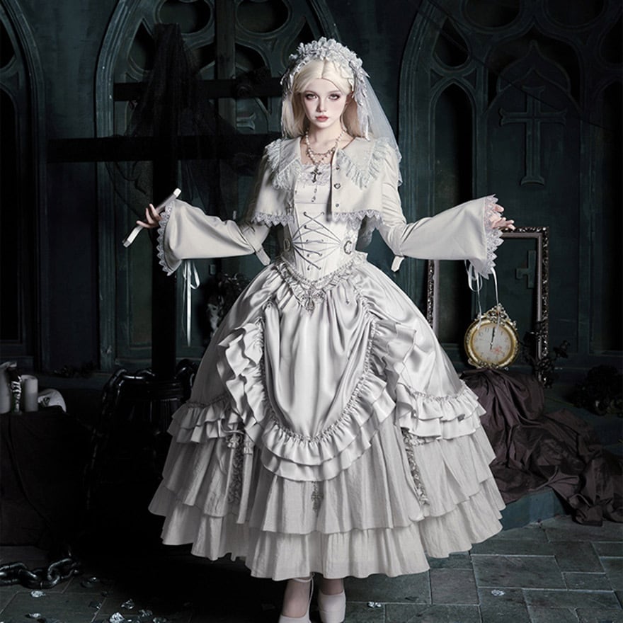 ゴスロリ 豪華ドレス 5点セット ロココ調 ゴシック ホワイト コルセット ティアードスカート ウェディング PUJI