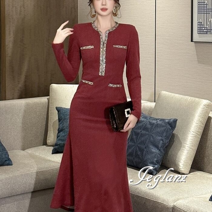 ビジュー付き ニット ワンピース ドレス マーメイド レトロ感(MB295)γ