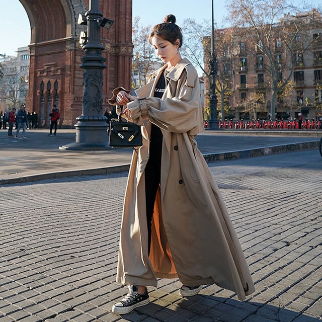 全2色 レディース アウター 超ロング トレンチコート スプリングコート ボリューム袖 ロング丈 Aライン オーバーシルエット ベージュ/グレー S/M/L/XL