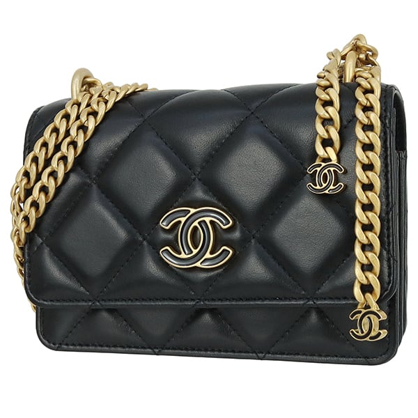 Unused CHANEL シャネル チェーンウォレット マトラッセ ラムスキン ブラック ショルダーバッグ ミニバッグ チェーンバッグ ダブルチェーン ウォレットバッグ CCロゴ 未使用