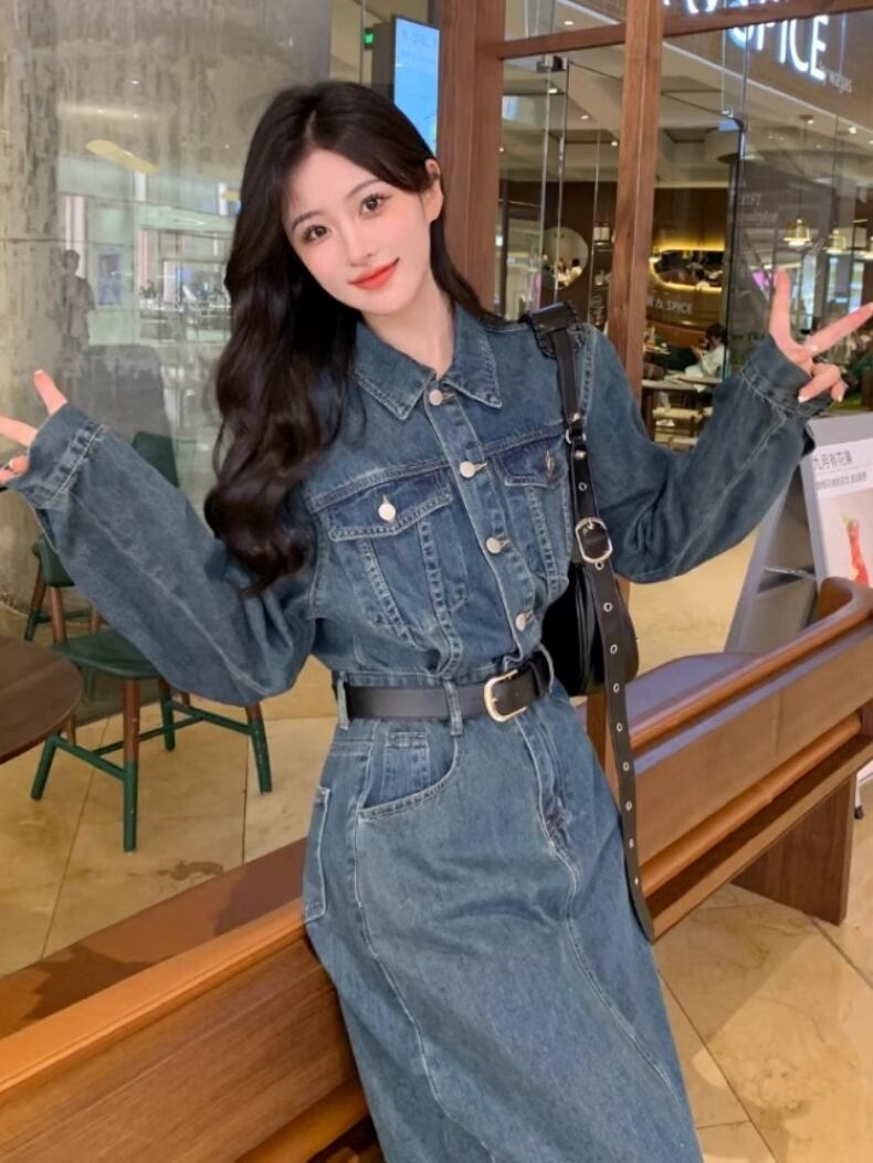 ワンピース デニムワンピース ロング丈 フロントボタン 襟あり ポロ襟