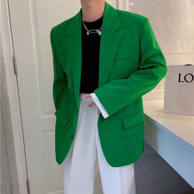 【予約販売】ジャケット 無地 個性的 差し色 メンズ 袖 グリーン ブラック 裏地 ドレスアップ シック こなれ感 お洒落 韓国 トレンド 秋 冬 S/M/L/XL