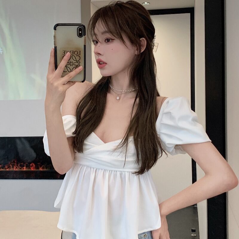 スタイルスリーブショートシャツ トップス レディース 大人ガーリー スウィート キュート カジュアル スクウェア ハンチェンe12198522113