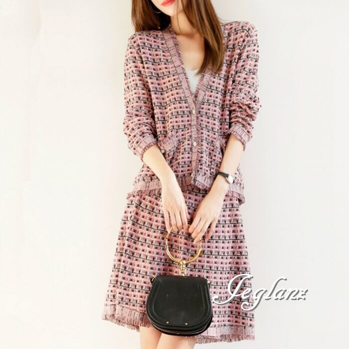 2色 セットアップ 2点 ニット カーデ フリンジ Aライン スカート( MA769)λ