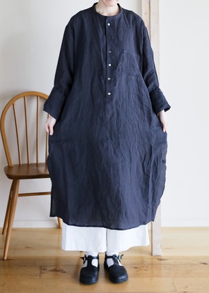 Vlas Blomme - Washed 60/1 Linen カフタンロングシャツ - Charcoal Navy