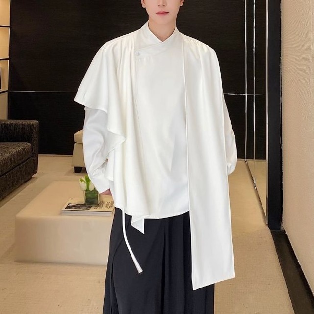 【Men】 DESIGNER ORIGINAL ASYMMETRIC LONG-SLEEVE SHIRT S-1372