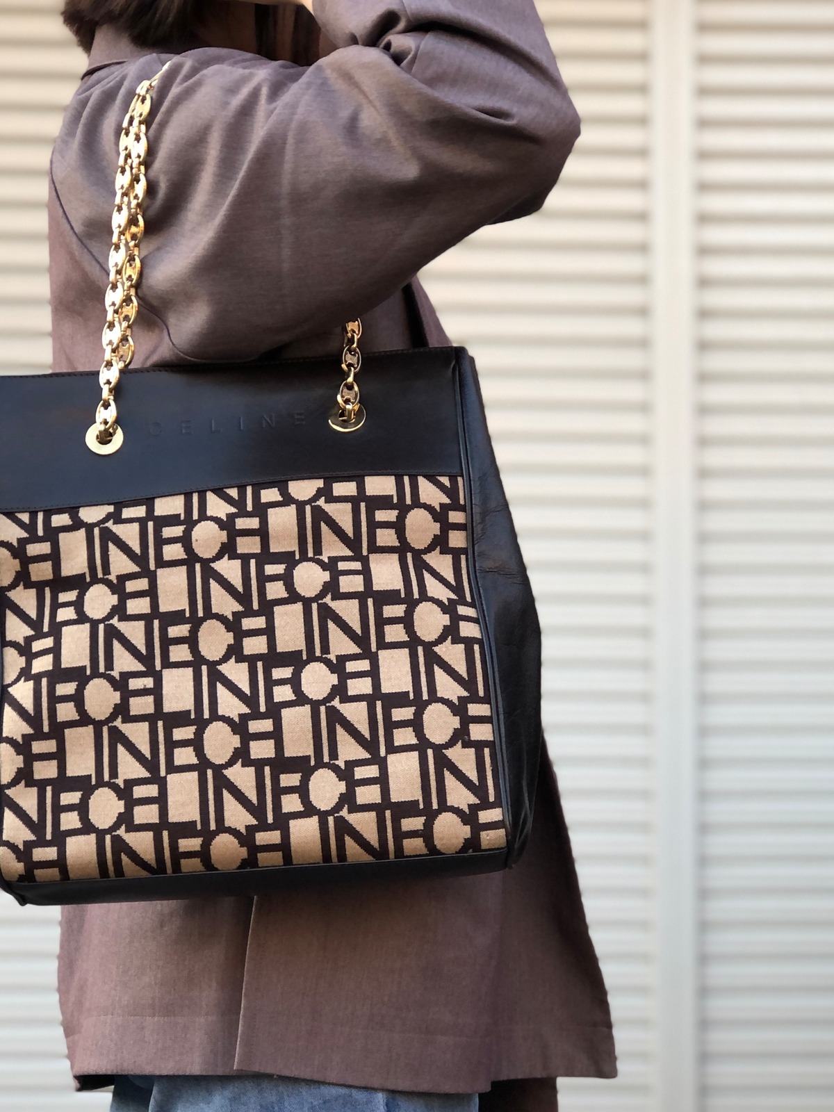 CELINE セリーヌ ロゴ レザー×ファブリック ブラゾン チェーン 