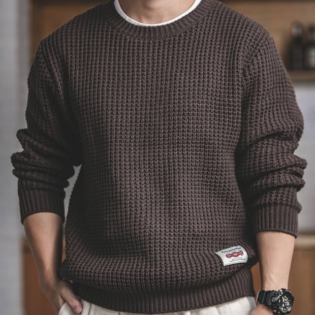 クルーネックワッフルニット長袖ニットセーター　　A18110
