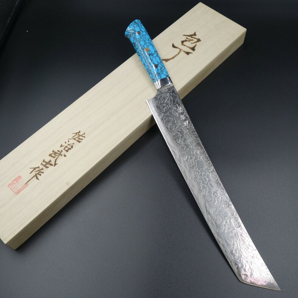 佐治作 刀剣型牛刀包丁 越前打刃物 270mm R2ダマスカス ターコイズ