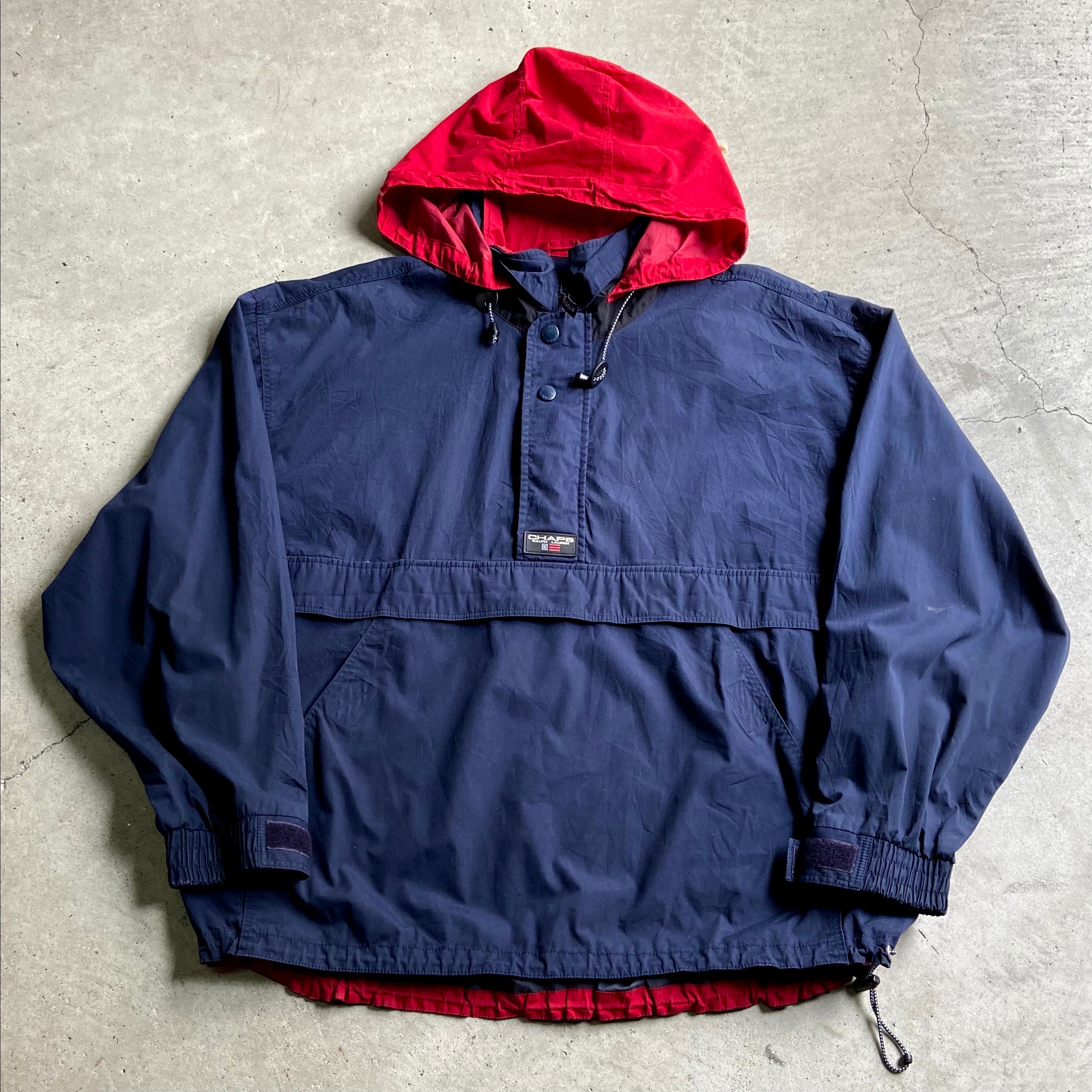 90年代 CHAPS Ralph Lauren チャップス ラルフローレン ワンポイントロゴ ラバーパッチ アノラックパーカー メンズXL相当 古着  90s ヴィンテージ ビンテージ ハーフジップ フード収納式 ネイビー レッド 紺色 赤色【ブルゾン・ジャケット】【SS2201-30】 | cave  ...