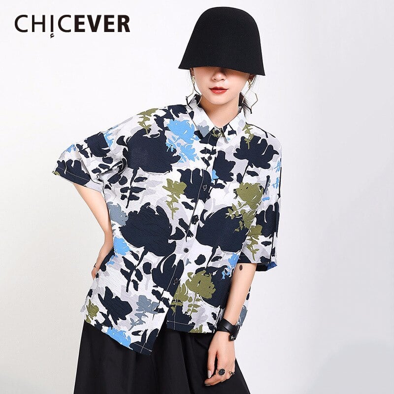 CHICEVERプリントヒットコロットブラウスレディースラペルカラー半袖非対称サマーシャツ2020タイド ショート ハーフスリーブ 夏物 6base511640352136