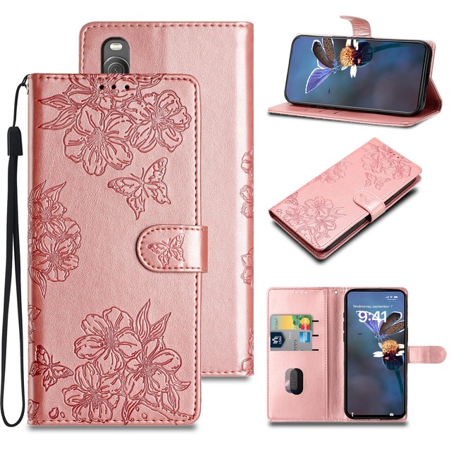 Xperia10 ll ケース 手帳型 ソニー エクスペリア 10 ii カバー SO-41A docomo / SOV43 au A001SO ケース本革レザー 財布型カバー Sony Xperia 10 II カード収納 スタンド 桜蝶 防水 TPU 軽量設計 全面保護 背面収納 耐衝撃 携帯カバー アンドロイド xperia SO41A スマホケース SOV43 手帳型 -ローズゴールド