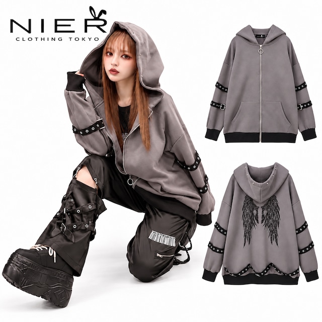 《先着39点限定早い者勝ち新作半額SALE》 BLACK WING GROMMET STRAP ZIP HOODIE【GRAY】