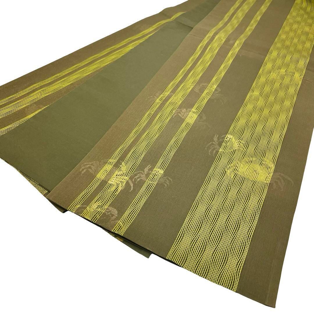 袋帯 紗紬から透けて見える蟹柄 縦よれ縞織模様 金通し 千歳茶色 O  