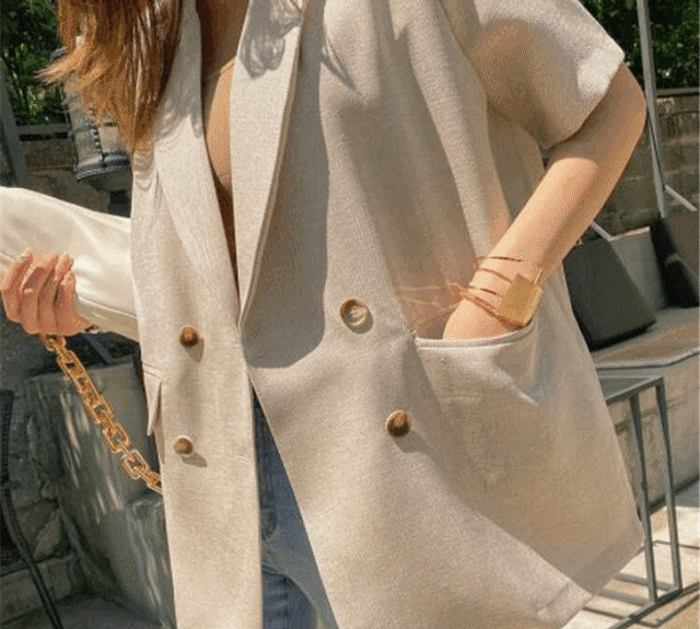 送料無料♡半袖 コート カジュアル スリムフィット シフォン 縫付 スーツ エレガント  韓国風 韓国ファッション（DM0545）
