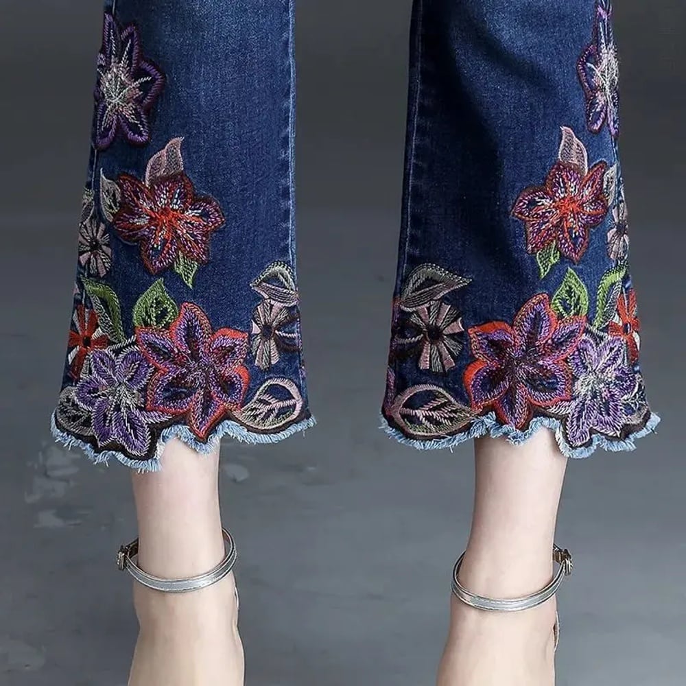 レディースデニムジーンズ,フレアパンツ,花柄,フレア,スリム レディースデニムジーンズ,フレアパンツ,花柄,フレア,スリム