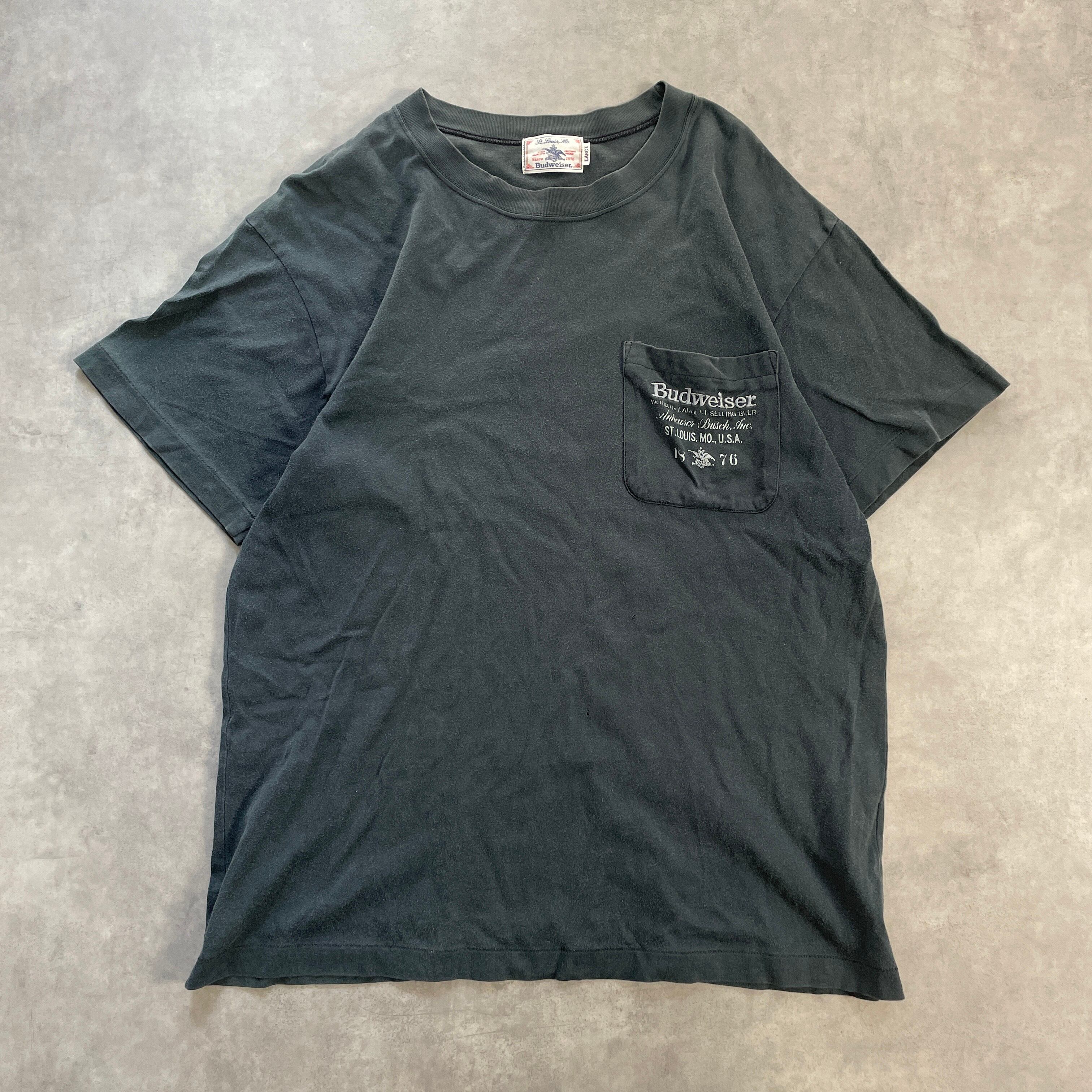90s BUDWEISER バドワイザー ロゴ刺繍 ポケットTシャツ 黒