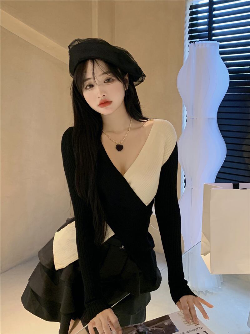 スタイルクロスVネックセーター レディースオータムトップス ロング 秋物 ブラックストロベリース7742182831