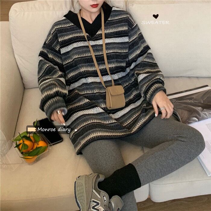 ストライプVネックセーター ルーズスタンダードオータムウィンタートップス レトロ 秋物 冬物 モンロー94315872821