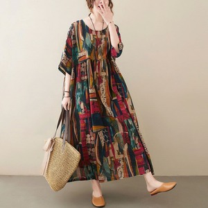 PRINT ROUND NECK SHORT SLEEVE LOOSE MAXI DRESS M-18062