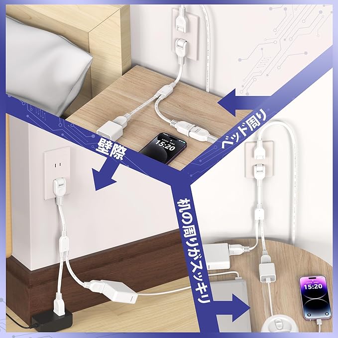 家電用延長コード 分岐 電源ケーブル 2個口 4個口 家電用 すっきり接続