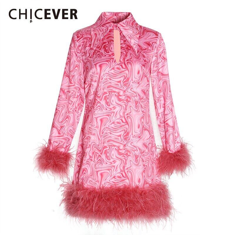 CHICEVERパッチワークフェザープリントドレスレディースラペルカラー長袖Telミニドレス2020タイド ロング 6base555670530965