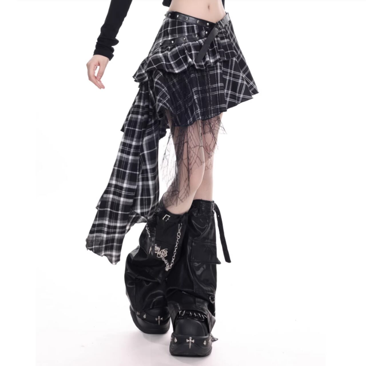 asymmetric check skirt E7101