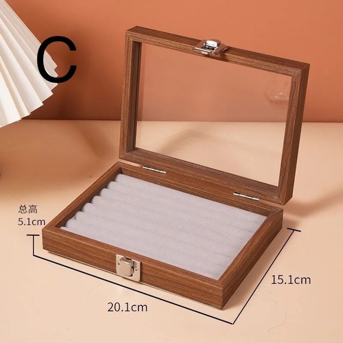 ウォールナット ガラス 12マス リング 指輪 木製 ガラス 蓋付き エレガント 指輪 ネックレス ベルベット裏地 大容量 ユニセックス 女性 男性