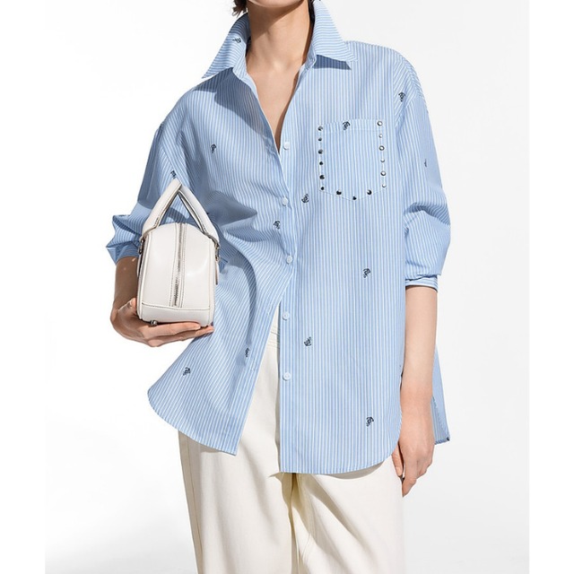 スタッズポケットストライプルーズシャツ［S-L］