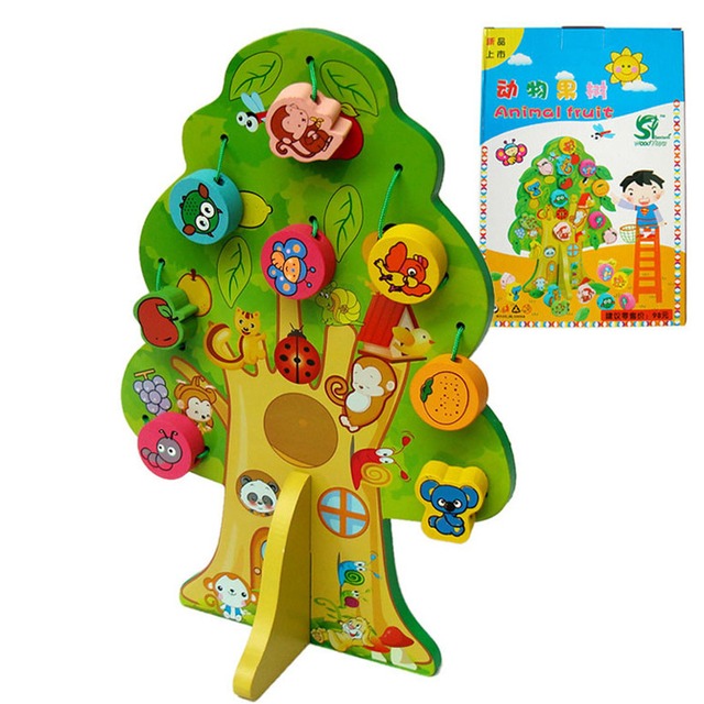 卸売子供ギフト教育スレッディング玩具カラフルなウッド知恵木材で動物ビーズゲームでボックス