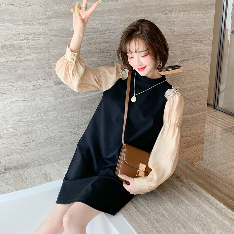 ラウンドネックプリーツスリーブルーズドレス エレガント Oネック ステッチ MIUCO98497367521