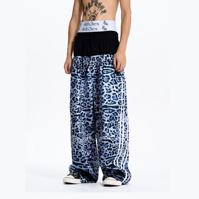 【DRIP6896】F3X Leopard Print Double Waistband Side Stripe Wide Sweatpants