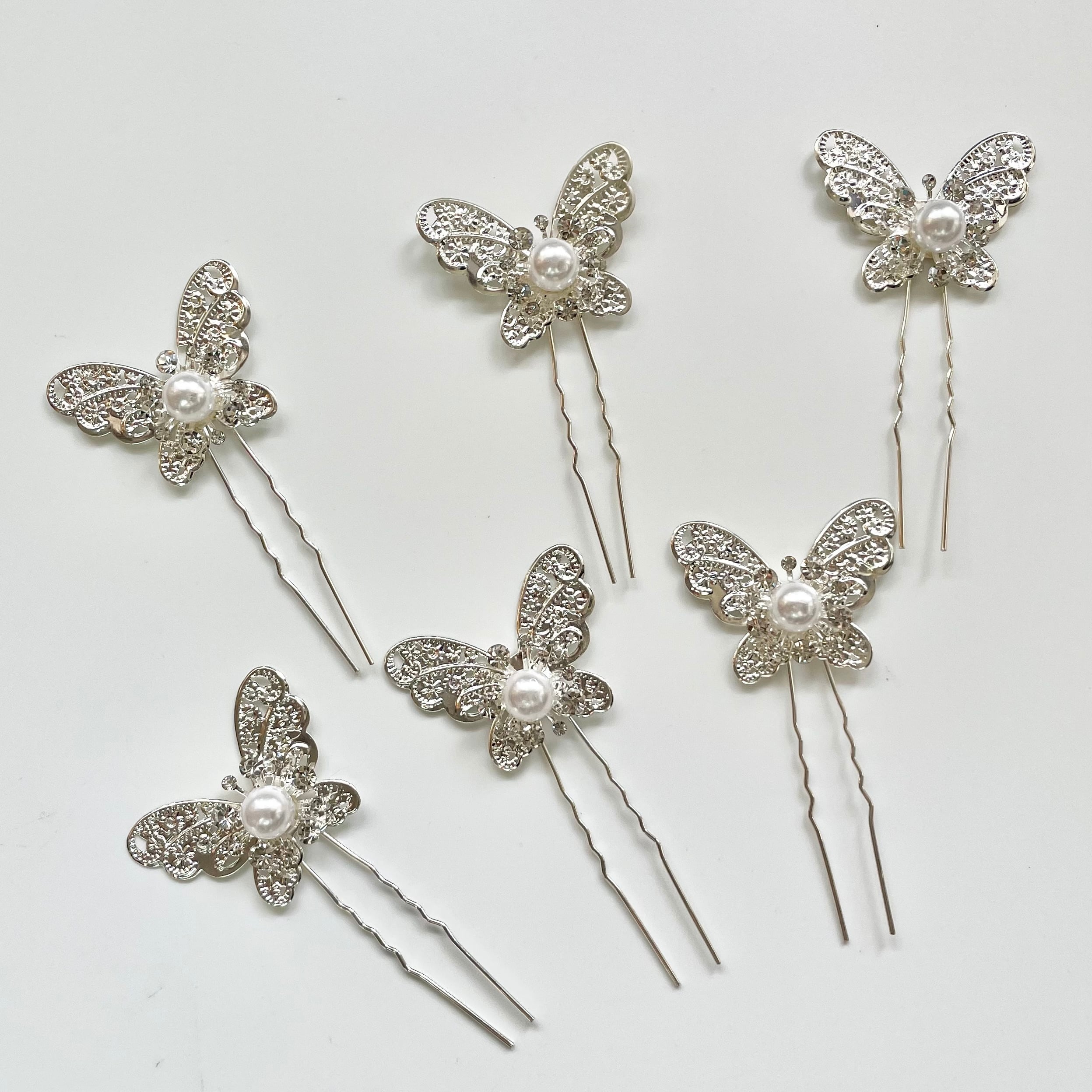 H-237 ウェディング ヘッドドレス【バタフライ 6P ヘアピン シルバー