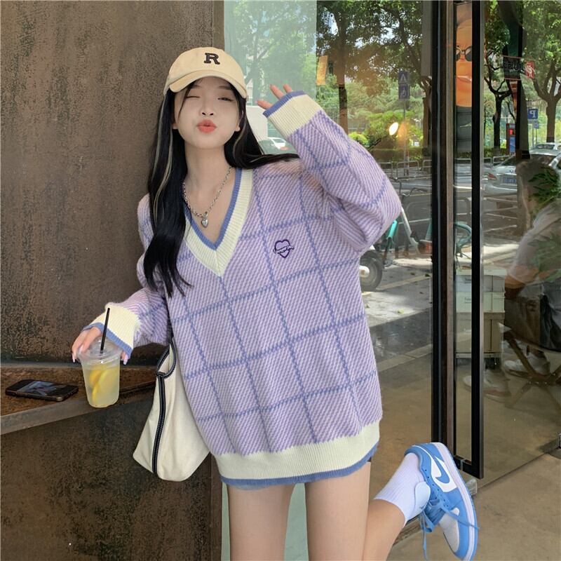 【新作】【送料無料】 パープル V ネックソフトワックスセーター女性のための 2021 秋と冬肥厚新スタイルルーズ怠惰なスタイルシックなニットトップジャケット 0334082658792