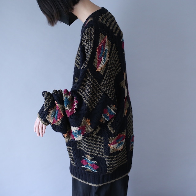 black base art pattern over silhouette cotton knit sweater