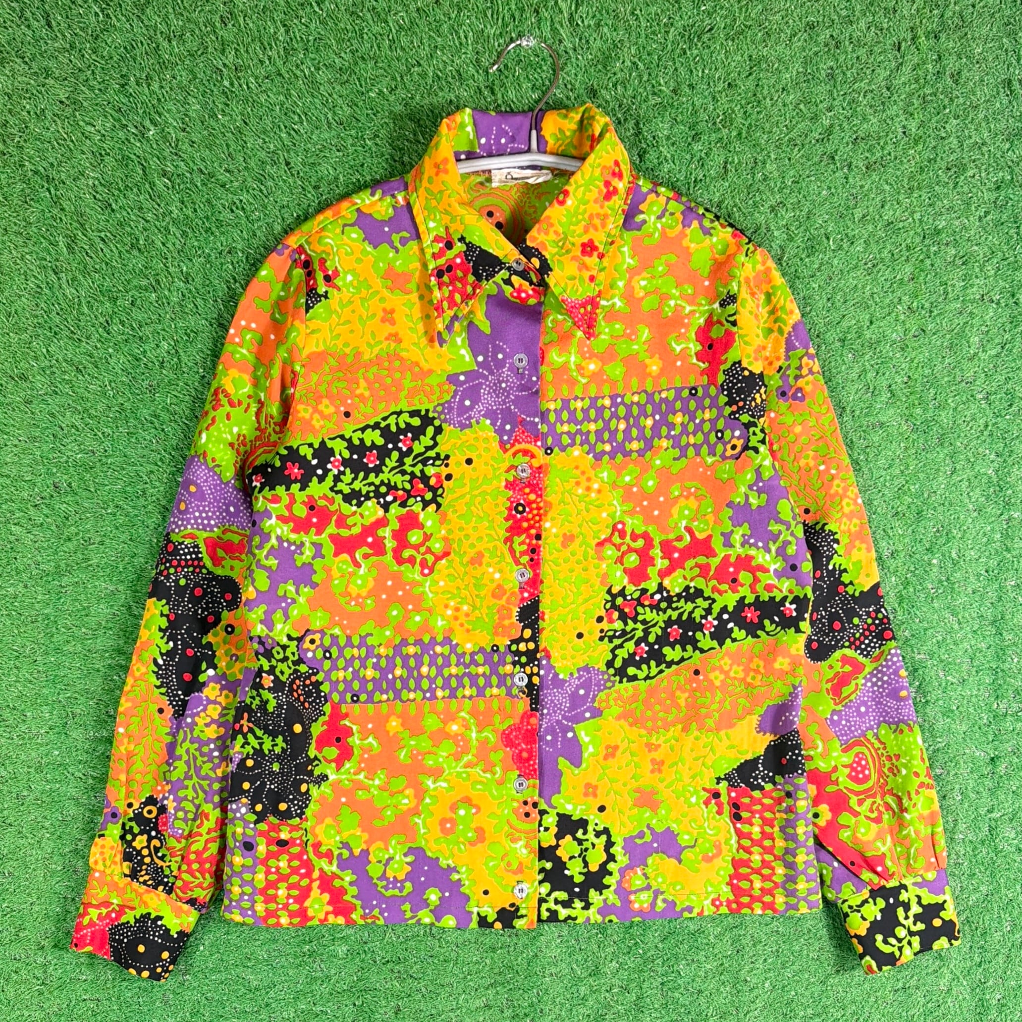and per se カラフルシャツ 70 Lady's】 70s アート柄 長袖 シャツ / 70年代 古着 総柄 レディース