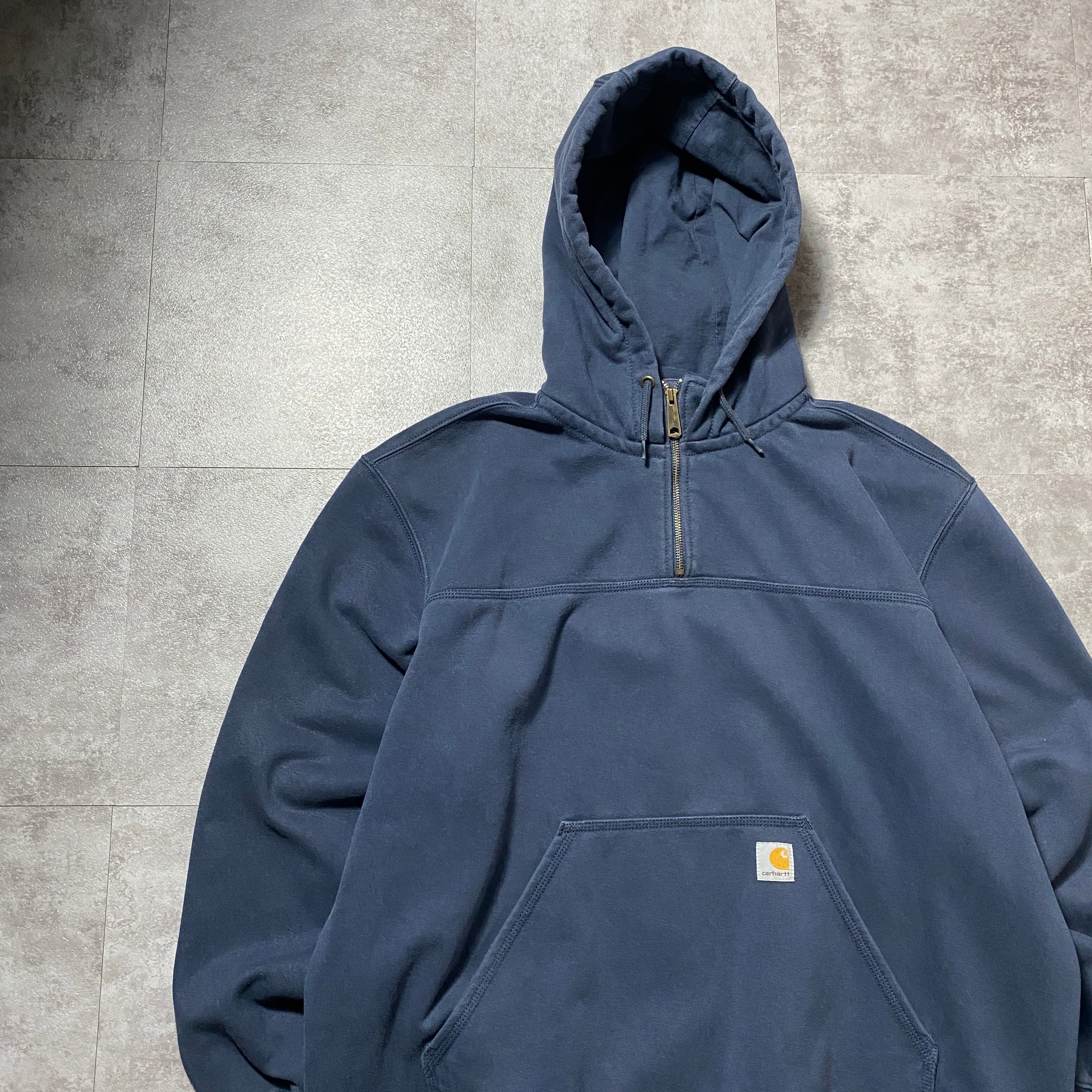 カーハート　ハーフジップパーカー　ネイビーS carhartt カーハート ハーフジップ ラベルロゴ ヘビーオンス 2XLサイズ