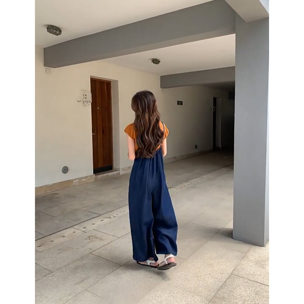 オレンジ半袖Tシャツキャミワンピセットアップ/サスペンダースカート  